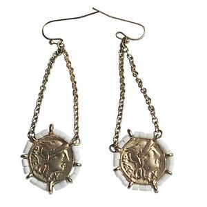 Vtg Roman Coin Gold Tone White Beaded  French Hook Dangle Earrings